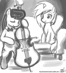 Size: 909x1000 | Tagged: safe, artist:johnjoseco, derpibooru import, octavia melody, vinyl scratch, pony, bipedal, cello, couch, duo, eyes closed, grayscale, monochrome, musical instrument