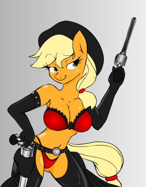 Size: 1799x2299 | Tagged: questionable, artist:zev, derpibooru import, applejack, anthro, belly button, bra, breasts, busty applejack, chaps, clothes, dual wield, evening gloves, female, gloves, gray background, gun, hat, image, latex, latex gloves, no trigger discipline, panties, pistol, png, revolver, simple background, solo, solo female, underwear, weapon