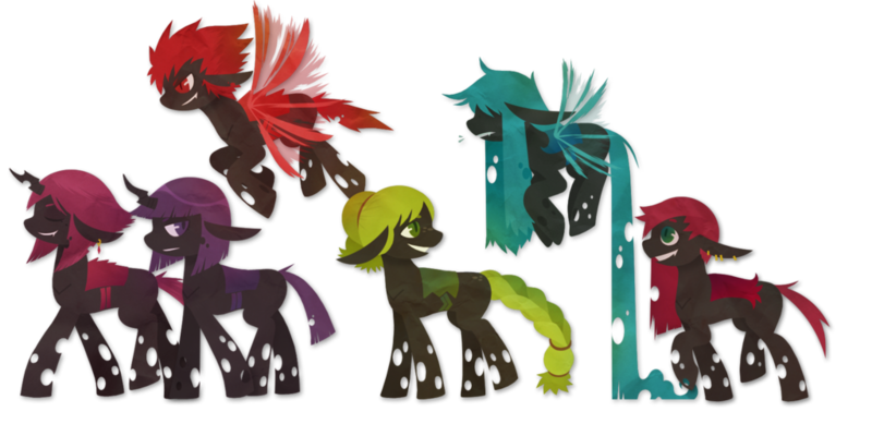 Size: 1024x526 | Tagged: artist:herbalentymologist, blue changeling, braided tail, changeling, changeling oc, changeling queen, changeling queen oc, derpibooru import, oc, pink changeling, purple changeling, red changeling, safe, simple background, transparent background, unofficial characters only, yellow changeling