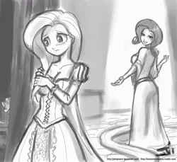 Size: 800x733 | Tagged: artist:johnjoseco, cleavage, clothes, derpibooru import, dress, female, fluttershy, grayscale, gummy, human, humanized, monochrome, rarity, safe, tangled (disney)