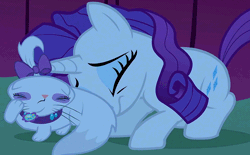 Size: 748x463 | Tagged: safe, derpibooru import, screencap, opalescence, rarity, cat, pony, unicorn, suited for success, animated, cropped, crouching, cute, eyes closed, female, frown, loop, mare, marshmelodrama, messy mane, opalbetes, open mouth, prone, raised paw, raribetes, scared, shivering, trembling