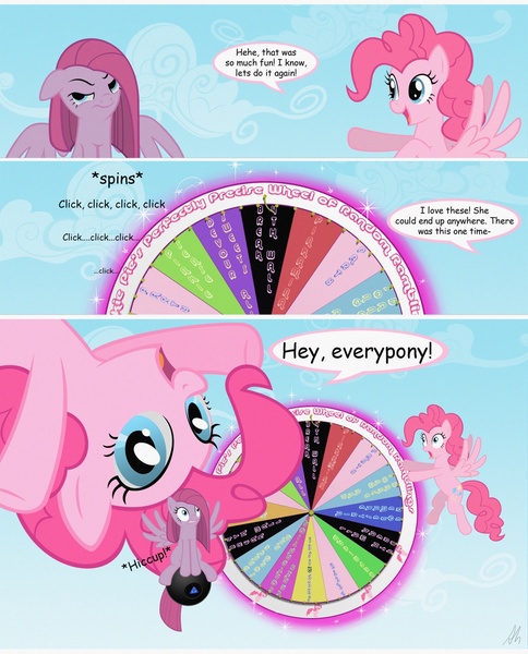 Size: 1280x1586 | Tagged: safe, artist:lightf4lls, derpibooru import, pinkie pie, pegasus, pony, comic, duality, pinkamena diane pie, race swap, wheel of fortune