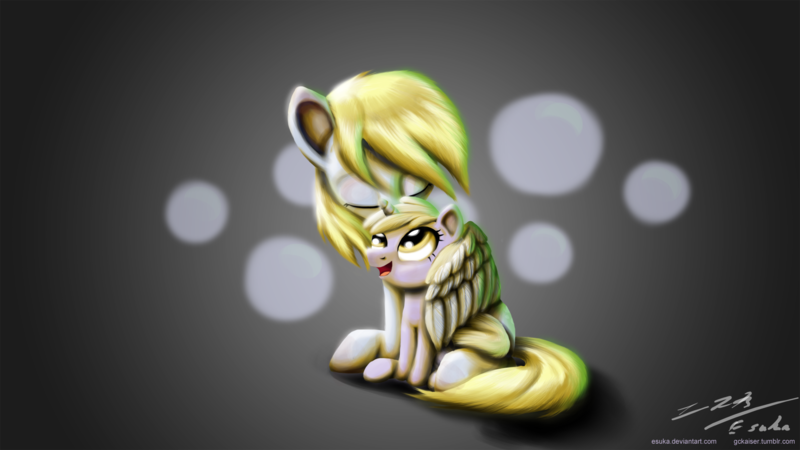 Size: 1920x1080 | Tagged: safe, artist:esuka, derpibooru import, derpy hooves, dinky hooves, pegasus, pony, unicorn, abstract background, duo, equestria's best mother, eyes closed, female, filly, happy, hug, mare, mother and daughter, photoshop, sitting, wallpaper, winghug