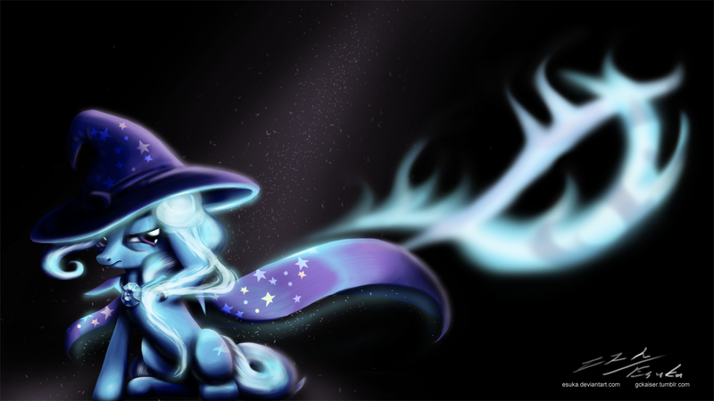 Size: 2000x1125 | Tagged: safe, artist:esuka, derpibooru import, trixie, pony, unicorn, female, magic, mare, photoshop, solo, wallpaper