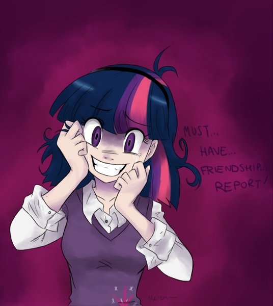 Size: 670x750 | Tagged: safe, artist:meroni, derpibooru import, twilight sparkle, human, lesson zero, creepy, crying, cutie mark on clothes, eyebrows visible through hair, female, gradient background, gritted teeth, humanized, insanity, messy mane, paint tool sai, psycho, smiling, solo, twilight snapple
