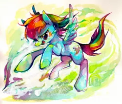 Size: 1477x1259 | Tagged: safe, artist:mi-eau, derpibooru import, rainbow dash, pegasus, pony, abstract background, action pose, color porn, eyestrain warning, female, flying, mare, photoshop, solo, traditional art, watercolor painting