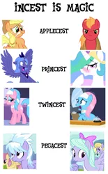 Size: 670x1079 | Tagged: safe, derpibooru import, aloe, applejack, big macintosh, cloudchaser, flitter, lotus blossom, princess celestia, princess luna, applecest, applemac, female, incest, lesbian, male, pegacest, princest, s1 luna, shipping, spa twins, spacest, straight, twincest