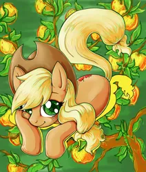 Size: 2449x2888 | Tagged: safe, artist:kcday, derpibooru import, applejack, earth pony, pony, abstract background, apple, female, food, high res, mare, photoshop, prone, smiling, solo