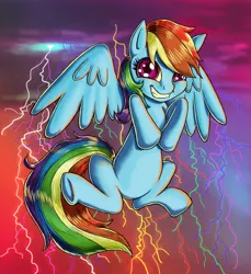 Size: 2306x2517 | Tagged: safe, artist:kcday, derpibooru import, rainbow dash, pegasus, pony, female, flying, grin, high res, lightning, mare, photoshop, solo