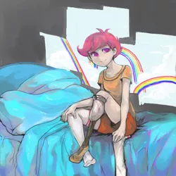 Size: 600x600 | Tagged: amputee, artist:sjui00, bed, derpibooru import, female, human, humanized, prosthetic leg, prosthetic limb, prosthetics, safe, scootaloo, solo