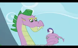 Size: 1024x640 | Tagged: derpibooru import, pat buchanan, rarity, safe, screencap, secret of my excess, spike, spikezilla, youtube caption