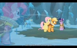 Size: 1024x640 | Tagged: applejack, boris yeltsin, chancellor puddinghead, clover the clever, commander hurricane, derpibooru import, fluttershy, hearth's warming eve, hearth's warming eve (episode), pinkie pie, princess platinum, private pansy, rainbow dash, rarity, safe, screencap, smart cookie, twilight sparkle, youtube caption