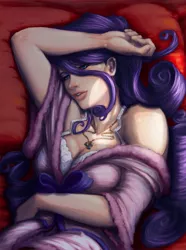 Size: 893x1200 | Tagged: artist:quizzicalkisses, bathrobe, beautiful, bed, bedroom eyes, bra, breasts, busty rarity, cleavage, clothes, colored pupils, derpibooru import, female, frilly underwear, human, humanized, lips, looking at you, necklace, on back, rarity, robe, safe, sexy, smiling, solo, stupid sexy rarity, underwear