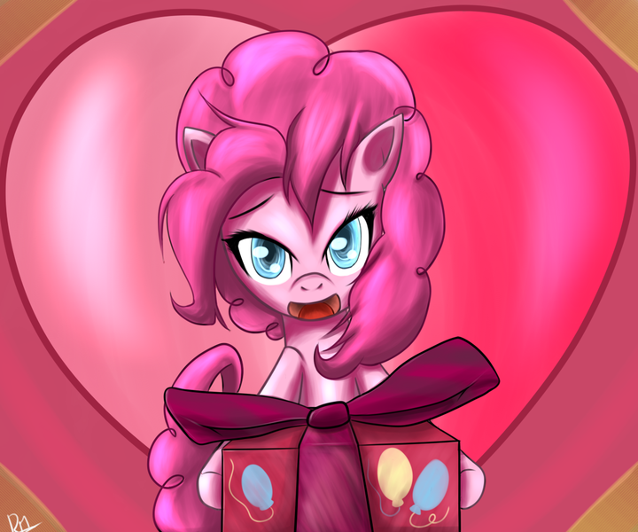 Size: 1200x1000 | Tagged: dead source, safe, artist:reikomuffin, derpibooru import, pinkie pie, earth pony, pony, abstract background, female, fourth wall, heart, looking at you, mare, offering, present, solo, valentine