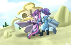 Size: 2301x1467 | Tagged: dead source, safe, artist:reikomuffin, derpibooru import, trixie, twilight sparkle, pony, unicorn, bipedal, cactus, cape, clothes, costume, desert, duo, female, hat, mare, musketeer, puss in boots, sand, sword, weapon