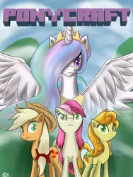 Size: 2479x3300 | Tagged: dead source, safe, artist:reikomuffin, derpibooru import, applejack, carrot top, golden harvest, princess celestia, roseluck, alicorn, earth pony, pony, applejack's hat, bow, colored pupils, cowboy hat, crossover, crown, female, hair bow, hat, high res, jewelry, mare, minecraft, necklace, ponytail, regalia, spread wings, wings