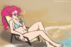 Size: 1200x800 | Tagged: artist:scorpiordinance, ask human pinkie pie and rainbow dash, beach, belly button, bikini, clothes, derpibooru import, humanized, pinkie pie, safe, swimsuit