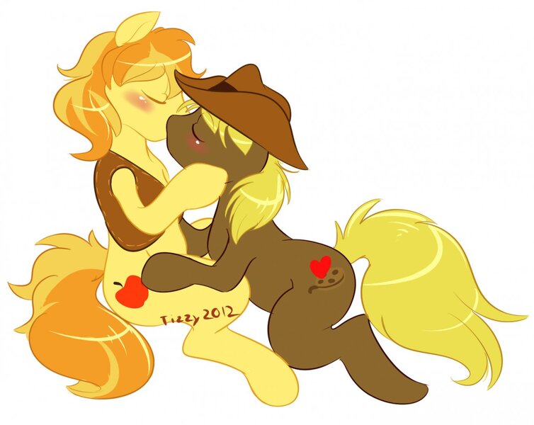 Size: 1280x1018 | Tagged: safe, artist:tizzy, derpibooru import, braeburn, oc, anatomically incorrect, blushing, canon x oc, cute, eyes closed, gay, hug, incorrect leg anatomy, kissing, male, shipping, simple background, sitting, white background