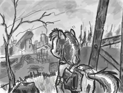 Size: 800x600 | Tagged: artist:agm, derpibooru import, equestrian wasteland, fallout equestria, looking away, monochrome, oc, ruins, saddle bag, safe, unofficial characters only