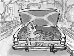 Size: 800x600 | Tagged: safe, artist:agm, derpibooru import, oc, oc:volga pony, unofficial characters only, earth pony, pony, car, grayscale, monochrome, ponies in real life, russian, solo, volga