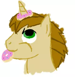 Size: 897x924 | Tagged: safe, artist:sb, derpibooru import, donut joe, pony, unicorn, bust, donut, horn grab, male, mouth hold, portrait, profile, simple background, solo, stallion, the uses of unicorn horns, white background