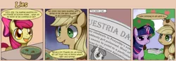 Size: 1400x489 | Tagged: safe, artist:solar-slash, derpibooru import, apple bloom, applejack, twilight sparkle, earth pony, pony, unicorn, equestria daily, accent, baked bads, comic, female, filly, glowing horn, levitation, liar face, liarjack, magic, magic aura, mare, newspaper, scrunchy face, telekinesis, twilight is not amused, unamused