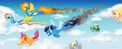 Size: 4241x1701 | Tagged: safe, artist:shironiki, derpibooru import, derpy hooves, fluttershy, rainbow dash, scootaloo, soarin', spitfire, tank, pegasus, pony, cloud, cloudy, female, flying, goggles, mare, pet, wonderbolts, wonderbolts uniform