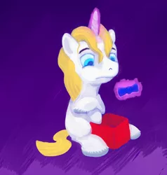Size: 950x1000 | Tagged: safe, artist:sb, derpibooru import, prince blueblood, pony, unicorn, abstract background, bowtie, colt, disappointed, foal, magic, male, present, sad, sitting, solo