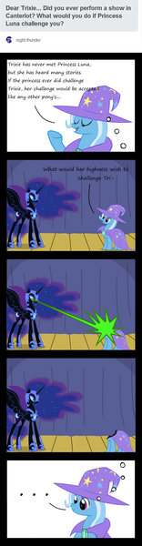 Size: 872x3347 | Tagged: safe, artist:evil-dec0y, derpibooru import, nightmare moon, trixie, alicorn, pony, unicorn, comic:trixie vs., cape, clothes, comic, duo, duo female, eye beams, female, hat, mare, thought bubble, trixie's cape, trixie's hat, tumblr