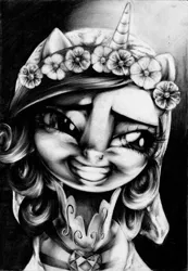 Size: 2276x3289 | Tagged: safe, artist:carlotta-guidicelli, derpibooru import, princess cadance, queen chrysalis, alicorn, pony, bedroom eyes, clothes, dress, fake cadance, female, flower, flower in hair, frown, grayscale, grin, high res, image, mare, monochrome, nightmare fuel, pencil drawing, png, smiling, solo, traditional art, uncanny valley
