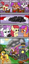 Size: 642x1419 | Tagged: apple bloom, applejack, artist:supersheep64, christmas, christmas stocking, coal, comic, cutie mark crusaders, derpibooru import, g4, holiday, safe, scootaloo, sock, sweetie belle, this will end in jail time, this will end in tears and/or death and/or covered in tree sap, train