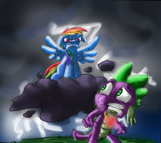 Size: 842x745 | Tagged: safe, artist:supersheep64, derpibooru import, rainbow dash, spike, dragon, pegasus, pony, abuse, angry, cloud, cloudy, element of loyalty, female, g4, gritted teeth, lightning, mare, new rainbow dash, spikeabuse, spread wings, wings