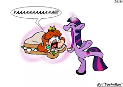 Size: 816x576 | Tagged: artist:yoshiman1118, crossover, derpibooru import, fetish, human, imminent vore, magic, mario, ponies eating humans, princess daisy, sandwich, suggestive, super mario bros., super mario land, twilight sparkle, twipred