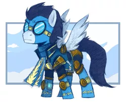 Size: 671x541 | Tagged: armor, artist:theziminvader, clothes, derpibooru import, goggles, safe, scarf, soarin', solo, wonderbolts uniform