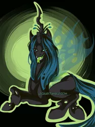 Size: 594x794 | Tagged: dead source, safe, artist:lecaus, derpibooru import, queen chrysalis, changeling, changeling queen, fangs, female, image, lidded eyes, open mouth, png, prone, signature, solo, tongue out, tumblr link