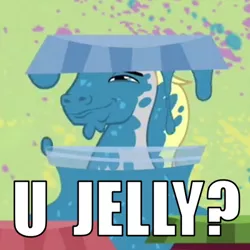 Size: 400x400 | Tagged: abstract background, cropped, derpibooru import, edit, edited screencap, faic, food, hearts and hooves day, hearts and hooves day (episode), hugh jelly, image macro, jelly, meme, safe, screencap, solo, u jelly?