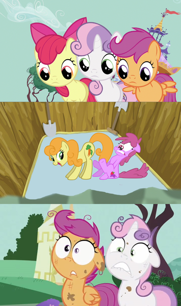 Size: 716x1209 | Tagged: apple bloom, berry punch, berryshine, carrot top, cutie mark crusaders, derpibooru import, golden harvest, imminent fart, scootaloo, suggestive, sweetie belle, the sex pit