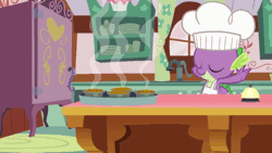 Size: 640x360 | Tagged: safe, derpibooru import, screencap, carrot cake, spike, dragon, earth pony, pony, a bird in the hoof, animated, apron, chef, chef's hat, clothes, fire, fire breath, food, hat, loop, naked apron, pie