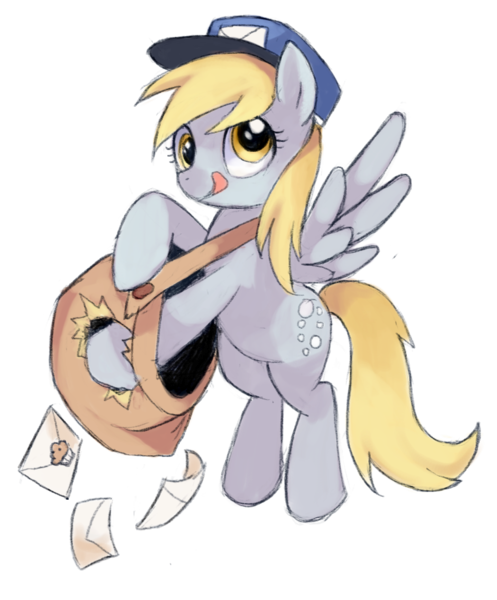 Size: 838x1011 | Tagged: dead source, safe, artist:suikuzu, derpibooru import, derpy hooves, pegasus, pony, female, hat, mailbag, mare, solo