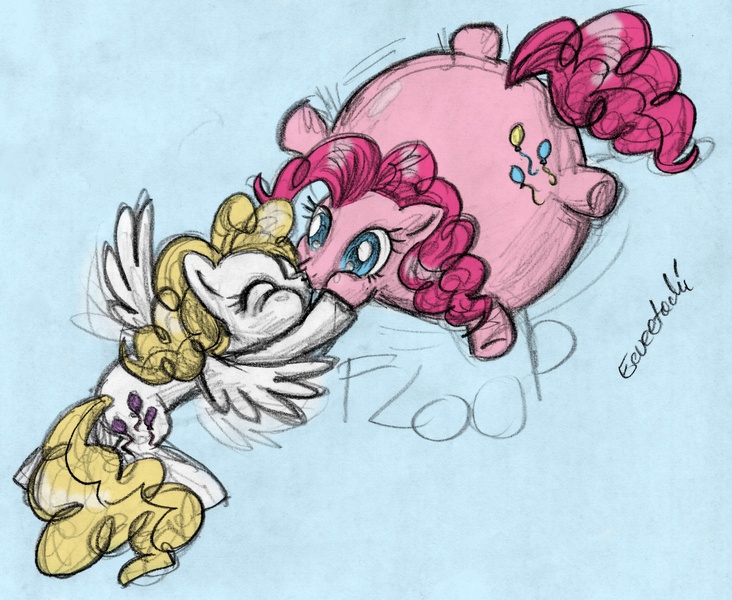 Size: 2455x2011 | Tagged: safe, artist:eeveetachi, derpibooru import, pinkie pie, surprise, earth pony, pegasus, pony, eyes closed, female, g1, g1 to g4, generation leap, high res, inflation, kiss inflation, kissing, lesbian, mare, pinkieprise, puffkiss, shipping