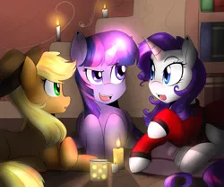 Size: 2400x2000 | Tagged: safe, artist:spittfireart, derpibooru import, applejack, rarity, twilight sparkle, earth pony, firefly (insect), pony, unicorn, look before you sleep, candle, clothes, golden oaks library, high res, magic, robe