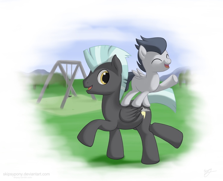 Size: 2500x2024 | Tagged: safe, artist:skipsy, derpibooru import, rumble, thunderlane, pegasus, pony, backwards cutie mark, brothers, colt, high res, male, piggyback ride, playground, ponies riding ponies, singing, stallion, swing