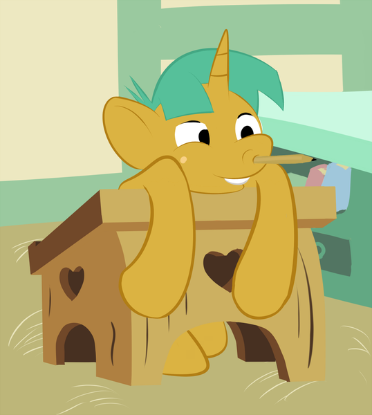 Size: 896x1000 | Tagged: safe, artist:sb, derpibooru import, snails, pony, unicorn, colt, desk, male, pencil, ponyville schoolhouse, school, silly, solo