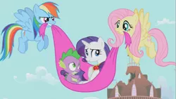 Size: 853x480 | Tagged: cape, clothes, derpibooru import, fluttershy, rainbow dash, rarity, safe, screencap, secret of my excess, spike