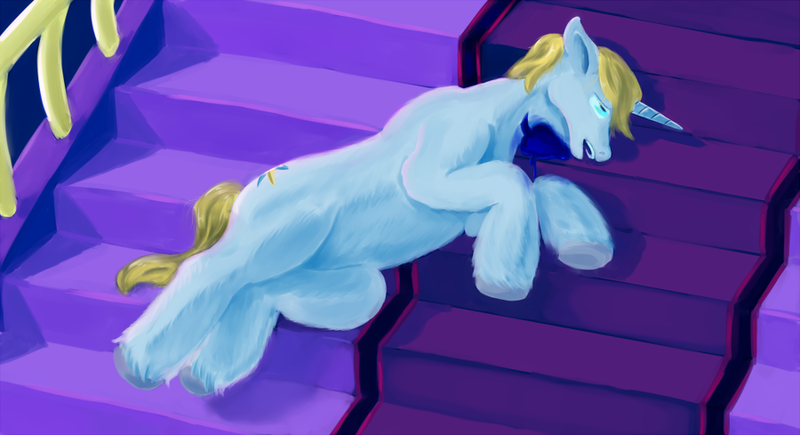 Size: 900x489 | Tagged: semi-grimdark, artist:sb, derpibooru import, prince blueblood, pony, unicorn, blood, blue blood, blueabuse, dead, fluffy, implied murder, male, murder, open mouth, pun, side, slit throat, solo, stairs, stallion, unshorn fetlocks, visual pun