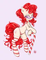 Size: 701x900 | Tagged: suggestive, artist:tt-n, derpibooru import, twist, earth pony, semi-anthro, candy cane, clothes, female, glasses, looking at you, mare, older, older twist, panties, pink background, red underwear, ribbon, simple background, socks, solo, solo female, striped socks, thong, underwear
