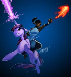 Size: 1389x1506 | Tagged: artist:eosphorite, crossover, derpibooru import, fire, humans riding ponies, korra, magic, riding, safe, the legend of korra, twilight sparkle