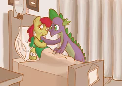 Size: 2480x1748 | Tagged: safe, artist:rannva, derpibooru import, apple bloom, spike, dragon, earth pony, pony, dragon on pony action, female, hospital, image, interspecies, male, mommabloom, older, png, pregnant, shipping, spikebloom, straight, teen pregnancy, teenage apple bloom, teenage spike, teenager