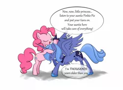 Size: 1464x1073 | Tagged: safe, artist:true-amateur, derpibooru import, pinkie pie, princess luna, pony, crown, dialogue, duo, eyes closed, hoof shoes, i'm a year older than you, jewelry, regalia, s1 luna, simple background, speech bubble, tiara, white background