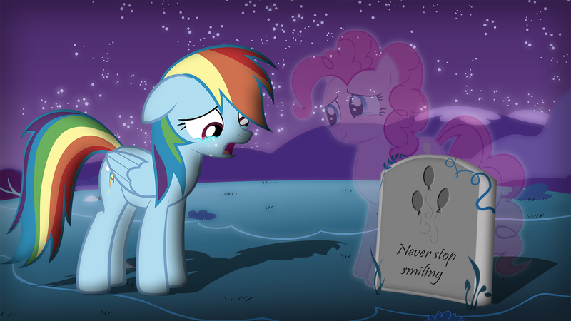 Size: 1920x1080 | Tagged: safe, artist:ryuuichi-shasame, derpibooru import, pinkie pie, rainbow dash, ghost, crying, dead, feels, grave, gravestone, implied death, needs more jpeg, sad